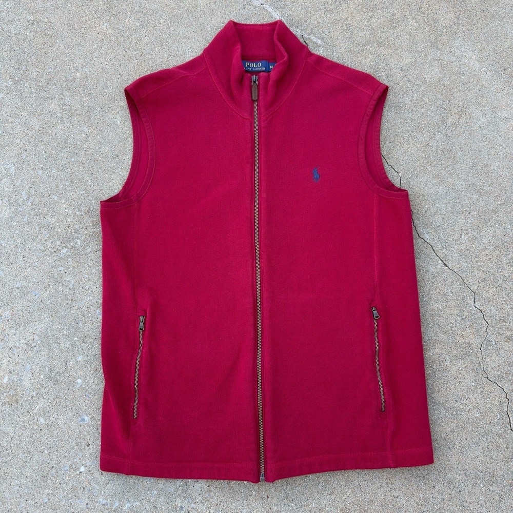 Polo Ralph Lauren Fleece Mockneck Full Zip Vest Jacket Men's Size M Red Cotton